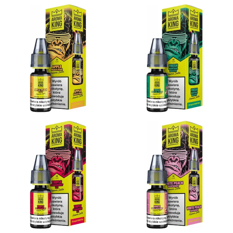 Liquid Aroma King Gorilla Salt 10 ml 20 mg – smaki Apple Peach Pear, Fresh Menthol Mojito, Triple Strawberry Ice i White Peach Raspberry