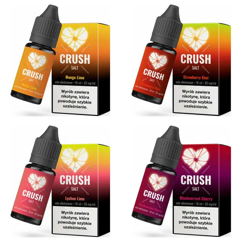 Liquid Crush Salt 10 ml 20 mg – smaki Mango Lime, Strawberry Kiwi, Lychee Lime i Blackcurrant Cherry