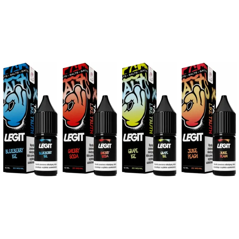 Liquid Legit Salt 10 ml 20 mg – smaki Blueberry Ice, Cherry Soda, Grape Ice i Juice Peach