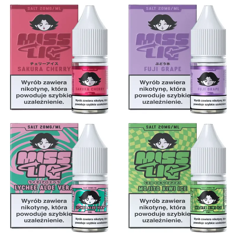 Liquid Miss Liq Salt 8 ml 20 mg – Sakura Cherry, Fuji Grape, Lychee Aloe Vera, Mojito Kiwi Ice