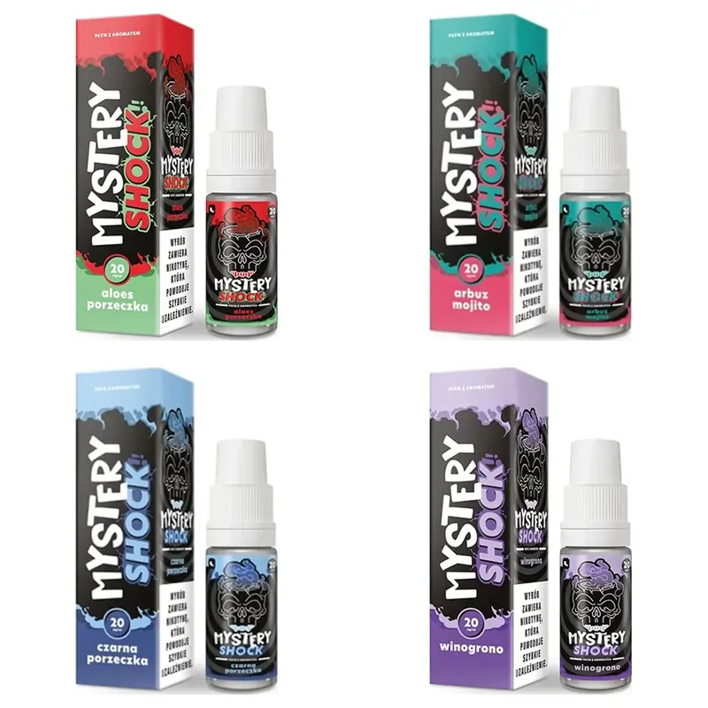 Liquid Mystery Shock Salt 10 ml 20 mg – smaki Aloes Porzeczka, Arbuz Mojito, Czarna Porzeczka i Winogrono