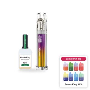 Pod Aroma King Amber Pro i 1 × poglądowa butelka płynu Aroma King 10 ml z akcyzą; w rogu model Aroma King 5500, którego zestaw jest zamiennikiem