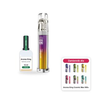 Pod Aroma King Amber Pro i 1 × poglądowa butelka płynu Aroma King 10 ml z akcyzą; w rogu model Aroma King Cosmic Max 999+, którego zestaw jest zamiennikiem