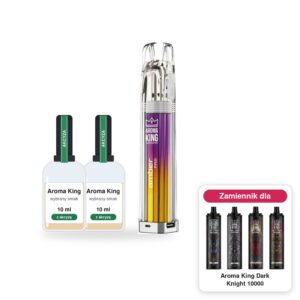 Pod Aroma King Amber Pro i 2 × poglądowa butelka płynu Aroma King 10 ml z akcyzą; w rogu model Aroma King Dark Knight 10000, którego zestaw jest zamiennikiem