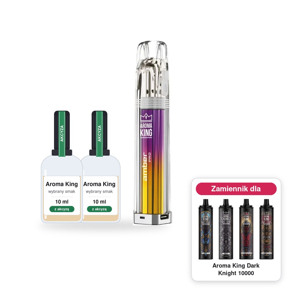 Pod Aroma King Amber Pro i 2 × poglądowa butelka płynu Aroma King 10 ml z akcyzą; w rogu model Aroma King Dark Knight 10000, którego zestaw jest zamiennikiem