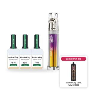 Pod Aroma King Amber Pro i 3 × poglądowa butelka płynu Aroma King 10 ml z akcyzą; w rogu model Aroma King Dark Knight 15000, którego zestaw jest zamiennikiem