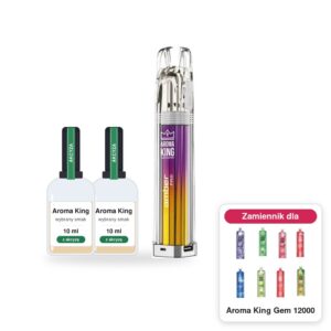 Pod Aroma King Amber Pro i 2 × poglądowa butelka płynu Aroma King 10 ml z akcyzą; w rogu model Aroma King Gem 12000, którego zestaw jest zamiennikiem