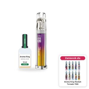 Pod Aroma King Amber Pro i 1 × poglądowa butelka płynu Aroma King 10 ml z akcyzą; w rogu model Aroma King Hookah Tornado 7000, którego zestaw jest zamiennikiem
