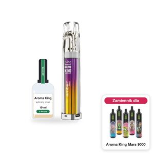 Pod Aroma King Amber Pro i 1 × poglądowa butelka płynu Aroma King 10 ml z akcyzą; w rogu model Aroma King Mars 9000, którego zestaw jest zamiennikiem