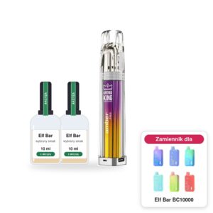 Pod Aroma King Amber Pro i 2 × poglądowa butelka płynu Elf Bar 10 ml z akcyzą; w rogu model Elf Bar BC10000, którego zestaw jest zamiennikiem