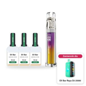 Pod Aroma King Amber Pro i 3 × poglądowa butelka płynu Elf Bar 10 ml z akcyzą; w rogu model Elf Bar Raya D3 25000, którego zestaw jest zamiennikiem