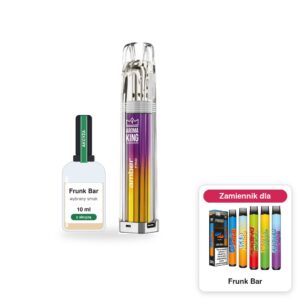 Pod Aroma King Amber Pro i 1 × poglądowa butelka płynu Frunk Bar 10 ml z akcyzą; w rogu model Frunk Bar, którego zestaw jest zamiennikiem