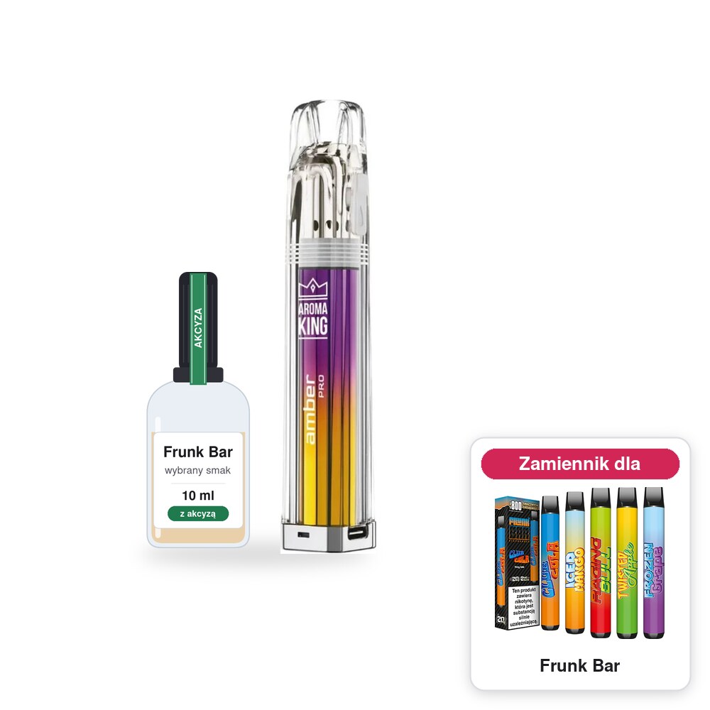 Pod Aroma King Amber Pro i 1 × poglądowa butelka płynu Frunk Bar 10 ml z akcyzą; w rogu model Frunk Bar, którego zestaw jest zamiennikiem