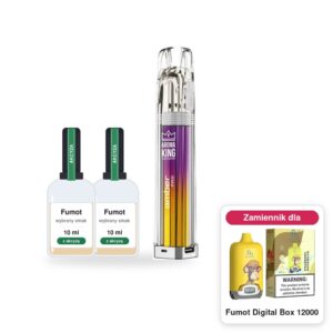 Pod Aroma King Amber Pro i 2 × poglądowa butelka płynu Fumot 10 ml z akcyzą; w rogu model Fumot Digital Box 12000, którego zestaw jest zamiennikiem