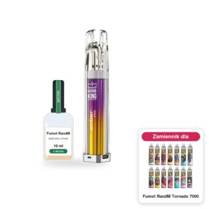 Pod Aroma King Amber Pro i 1 × poglądowa butelka płynu Fumot RandM 10 ml z akcyzą; w rogu model Fumot RandM Tornado 7000, którego zestaw jest zamiennikiem