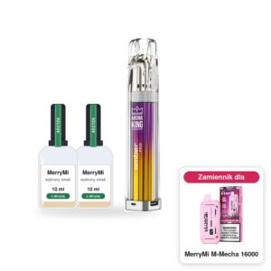 Pod Aroma King Amber Pro i 2 × poglądowa butelka płynu MerryMi 10 ml z akcyzą; w rogu model MerryMi M-Mecha 16000, którego zestaw jest zamiennikiem