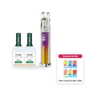 Pod Aroma King Amber Pro i 2 × poglądowa butelka płynu Crystal 10 ml z akcyzą; w rogu model WGA Crystal Pro Max 10000, którego zestaw jest zamiennikiem