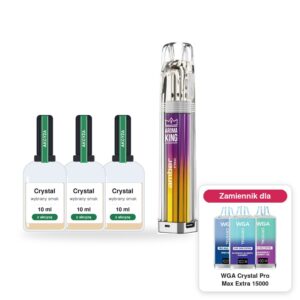 Pod Aroma King Amber Pro i 3 × poglądowa butelka płynu Crystal 10 ml z akcyzą; w rogu model WGA Crystal Pro Max Extra 15000, którego zestaw jest zamiennikiem